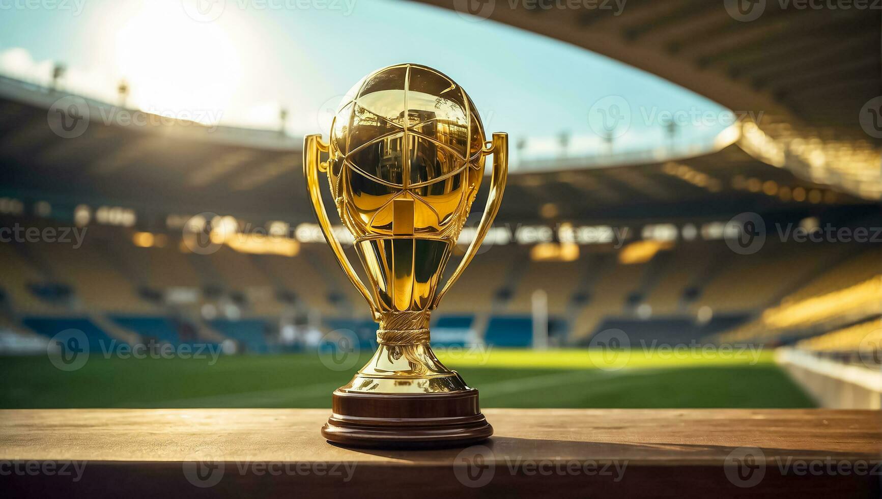 AI generated football championship gold cup at the stadium photo