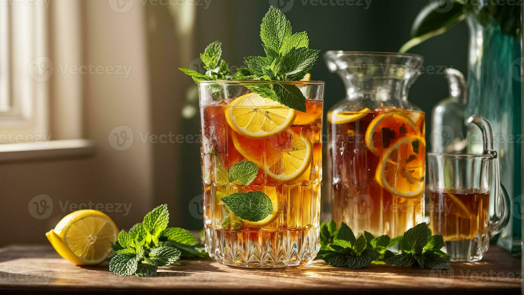 AI generated Cold tea with lemon and mint on the table in glass photo
