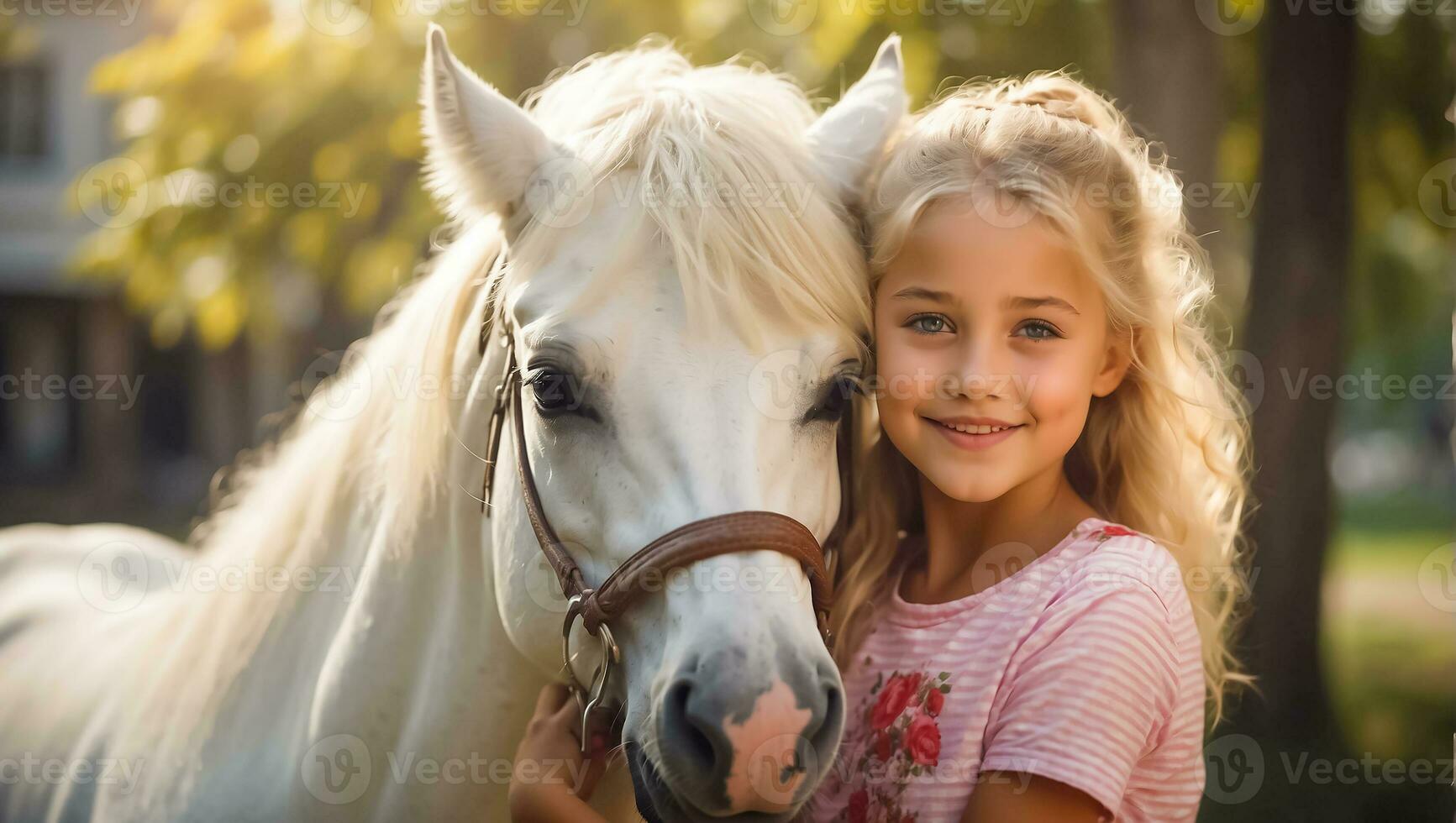 AI generated Portrait of a little girl with a horse in nature photo