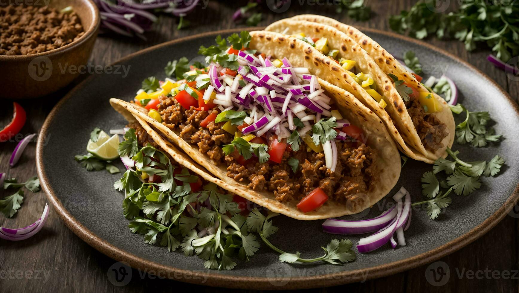 AI generated Delicious appetizing taco with meat and onion on old background photo