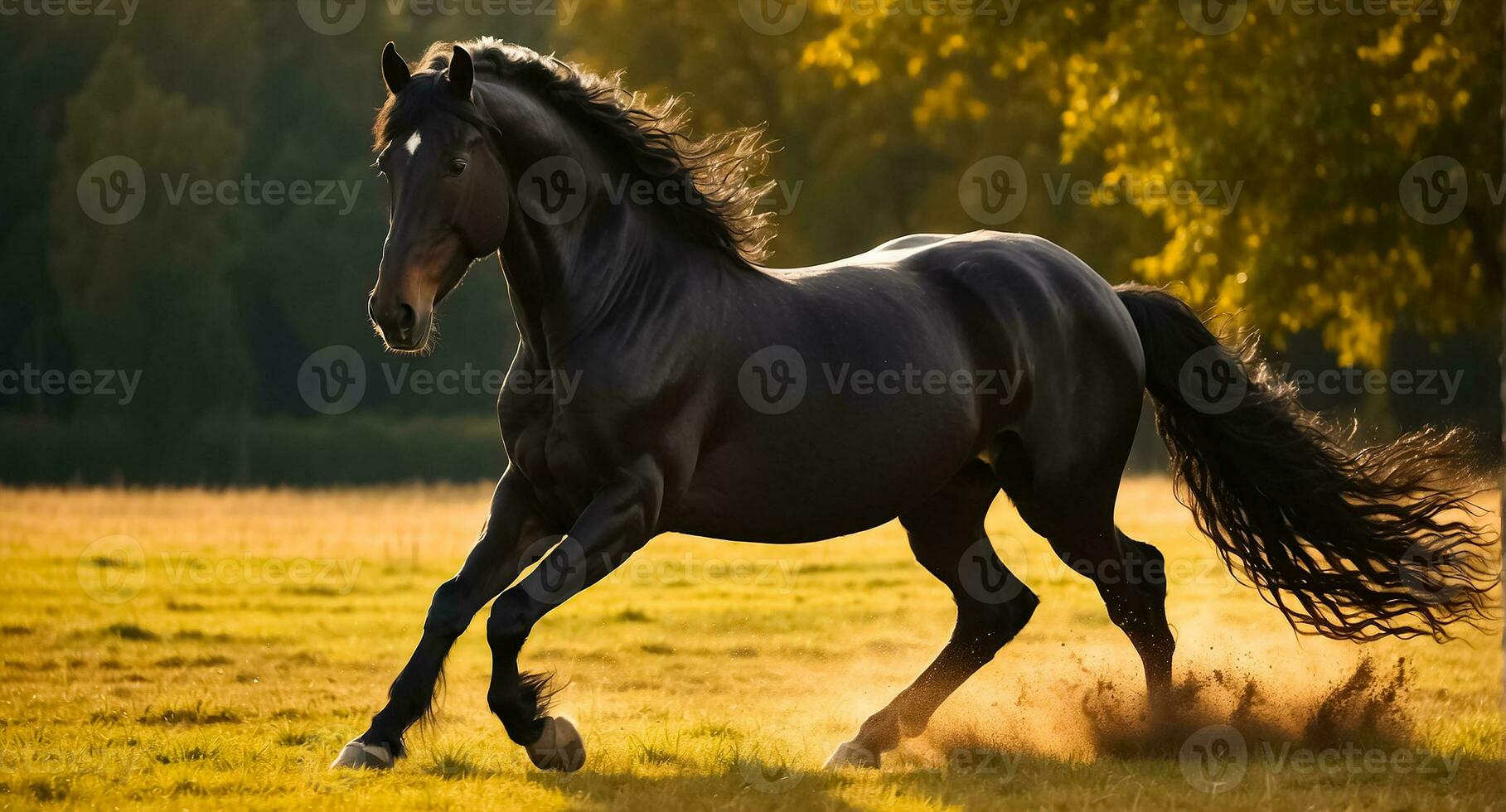 ai generado hermosa oscuro caballo carreras en naturaleza foto