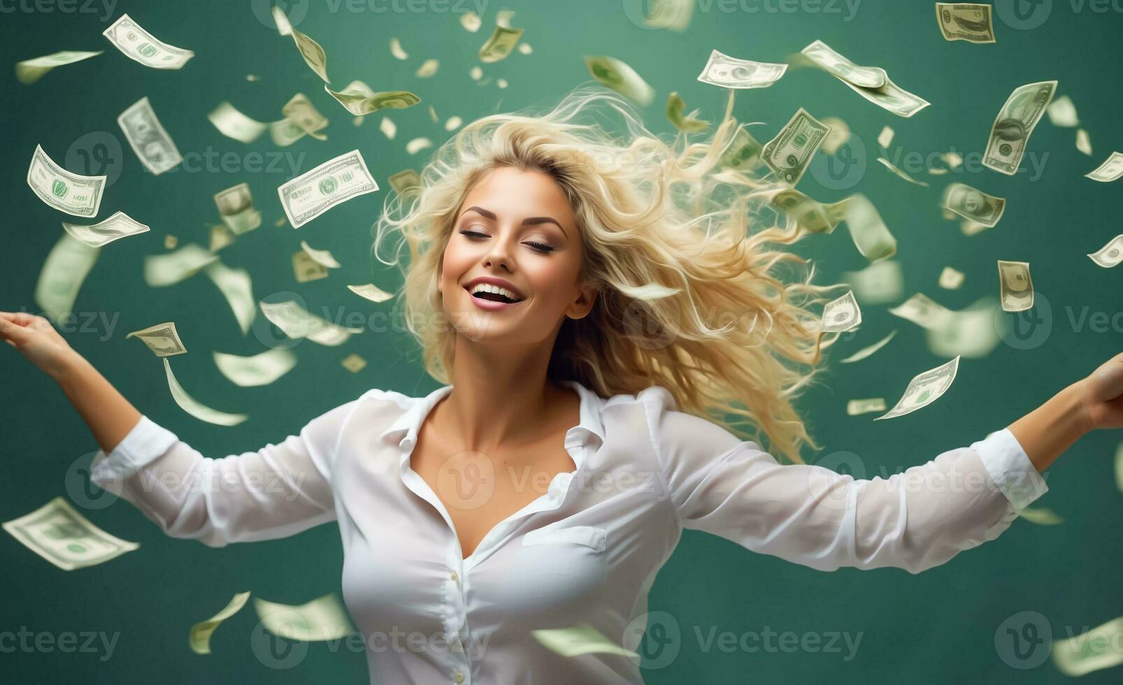 AI generated Happy beautiful girl falling dollars photo