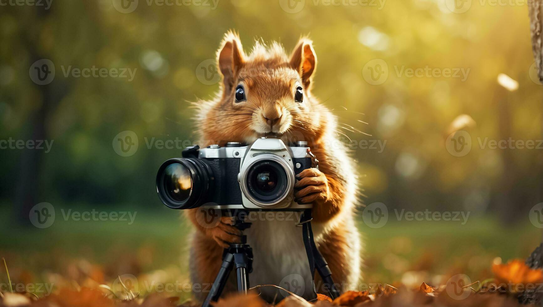 AI generated Cute friendly squirrel with a camera in the park photo