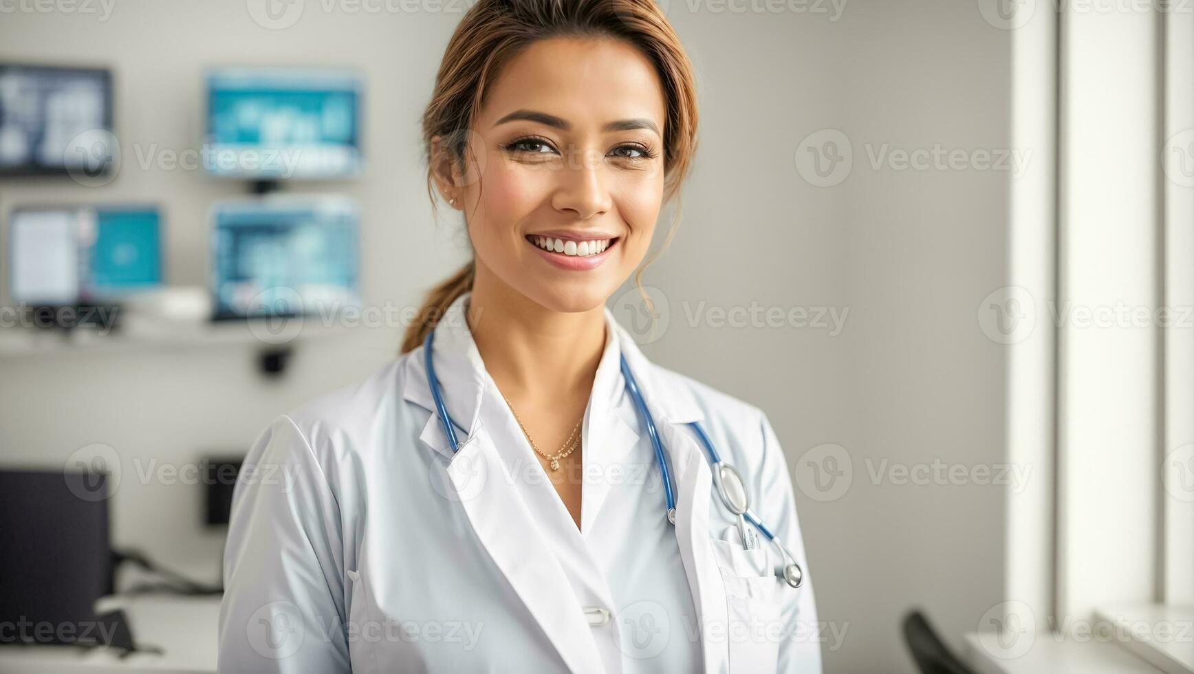 AI generated Beautiful smiling woman doctor in clinic photo
