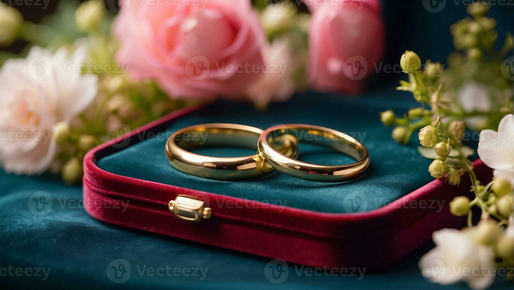 AI generated gold ring on a background of beautiful flowers anniversary photo