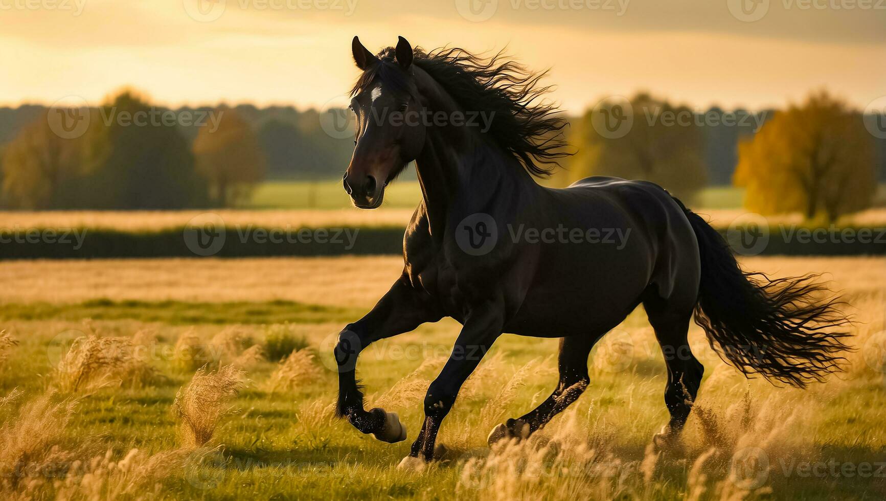 ai generado hermosa oscuro caballo carreras en naturaleza foto