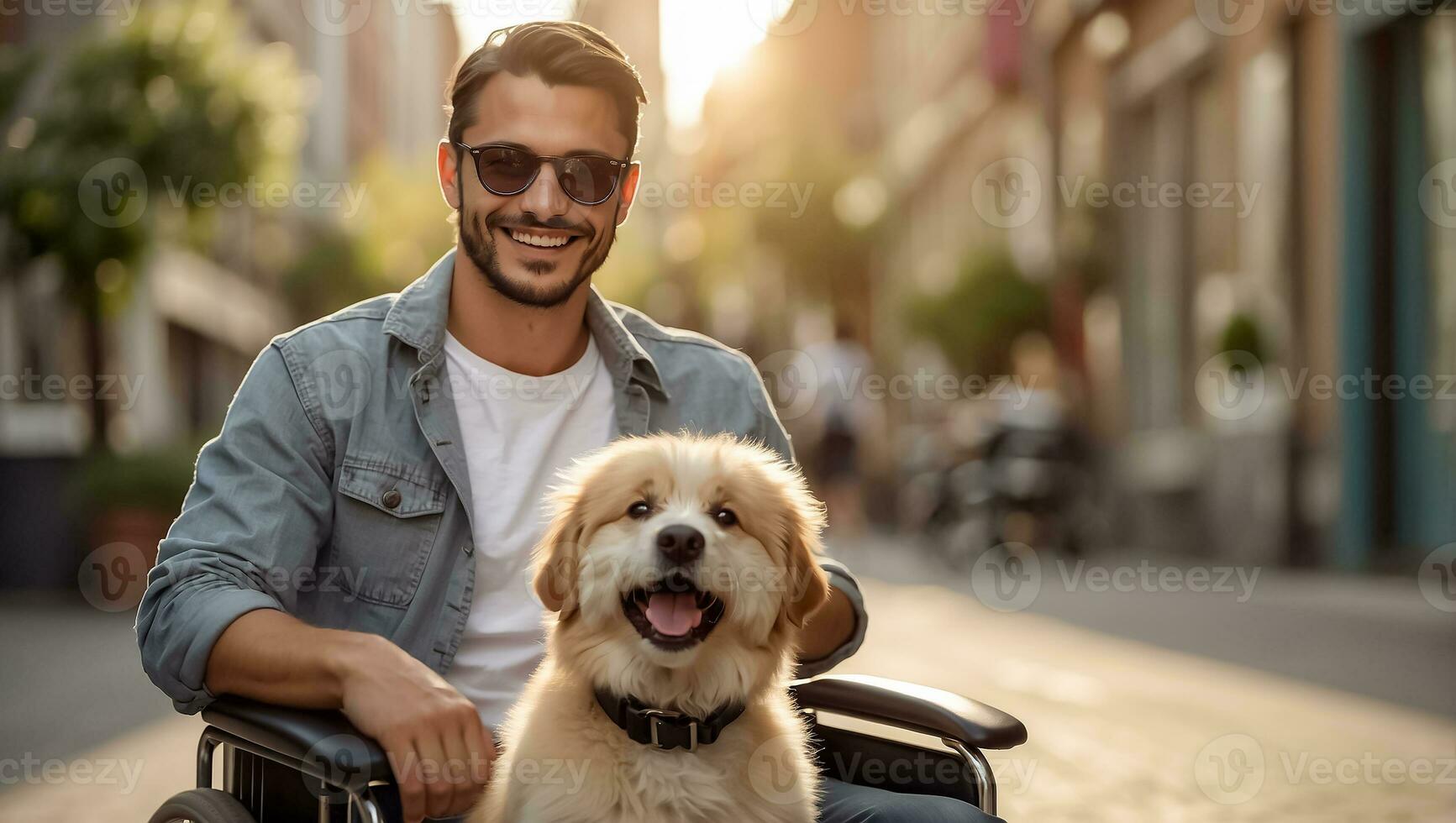 AI generated Man in a wheelchair with a dog on the street photo