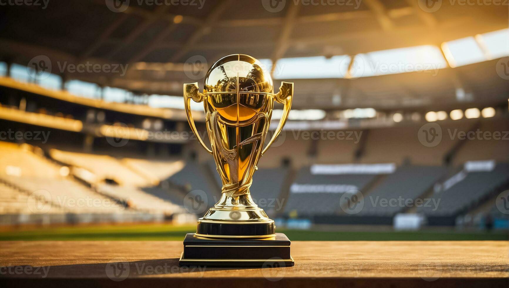 AI generated football championship gold cup at the stadium photo