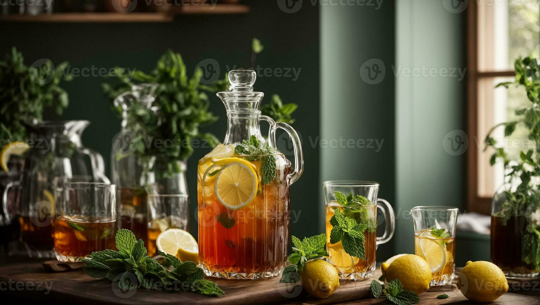 ai generado frío té con limón y menta en el mesa en vaso foto