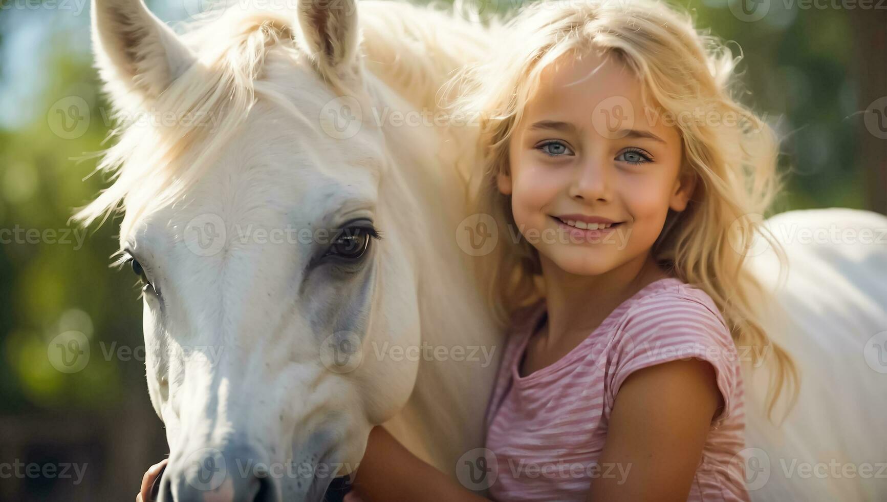 ai generado retrato de un pequeño niña con un caballo en naturaleza foto