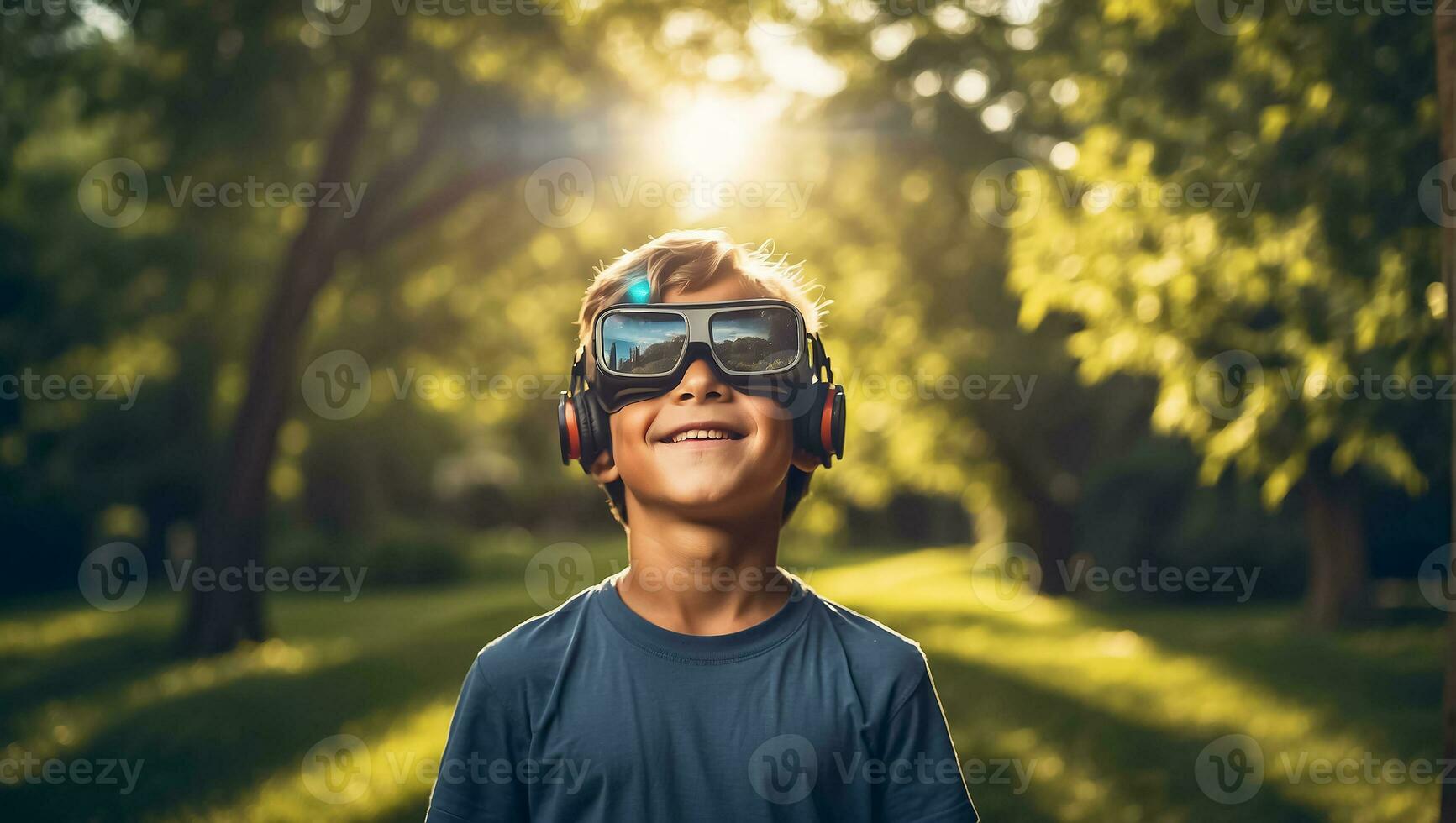 AI generated Boy in virtual reality glasses on the streets in summer photo