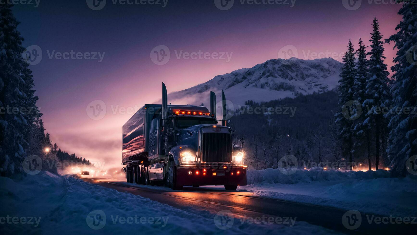 ai generado camión conducción en Nevado la carretera a noche foto