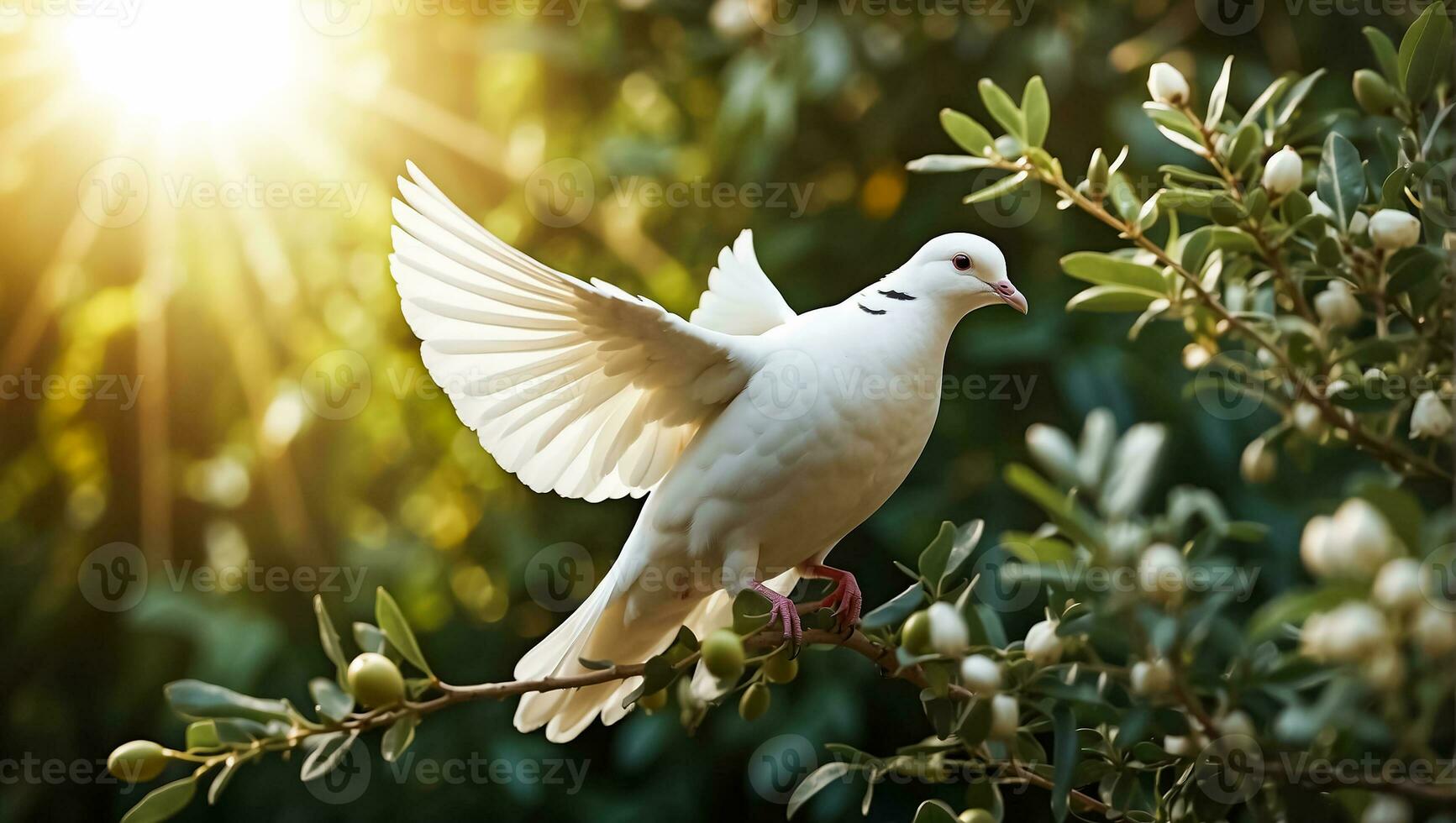 AI generated White dove on a background of a tree branch photo