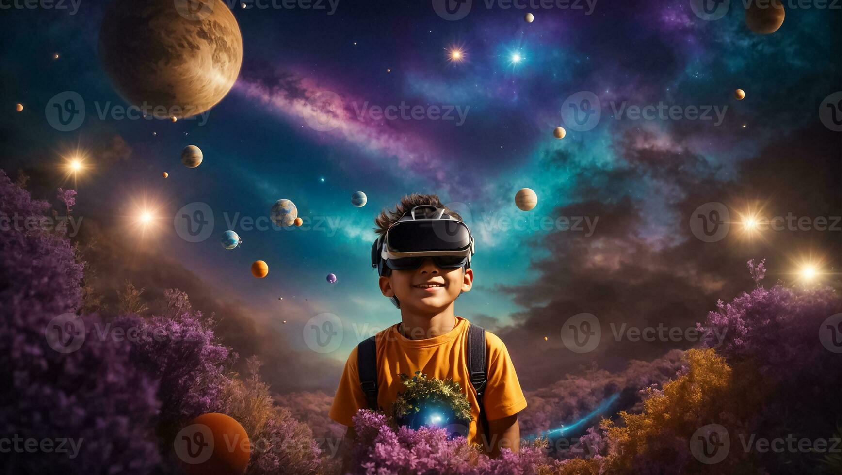 AI generated Little boy in virtual reality glasses photo