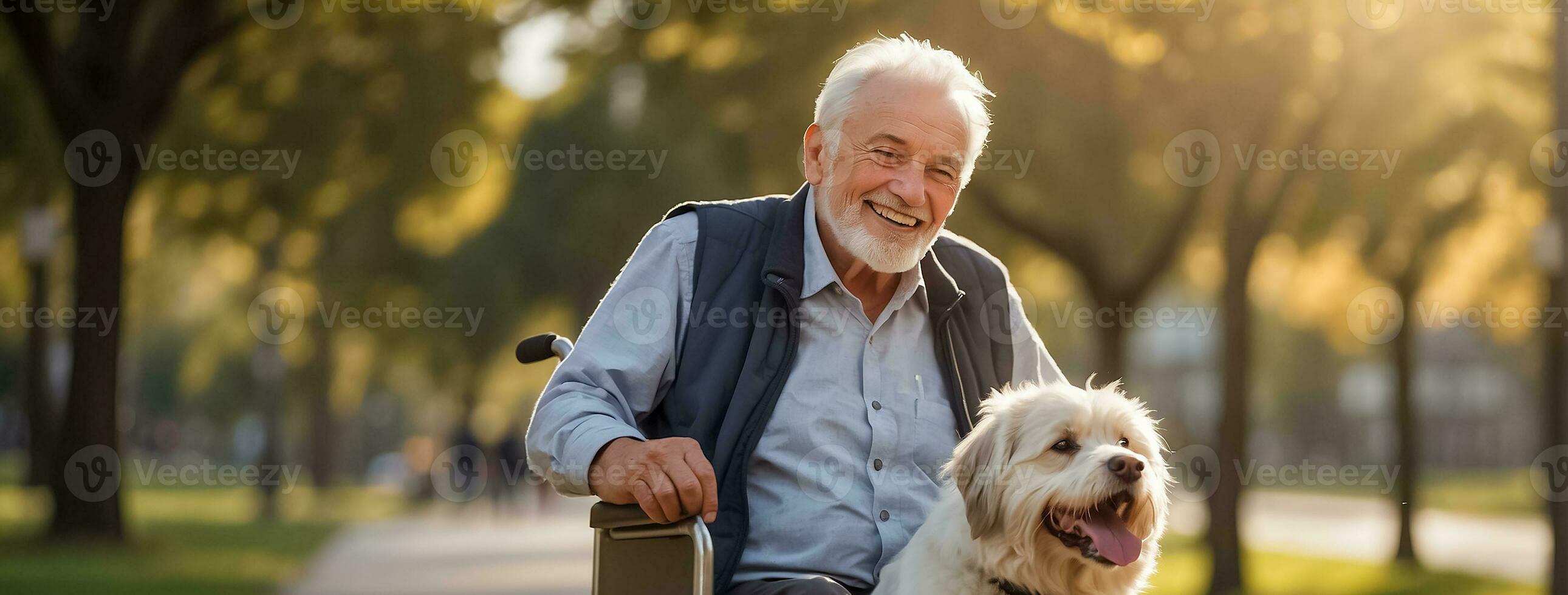 AI generated Elderly man in a wheelchair with a dog on the street photo