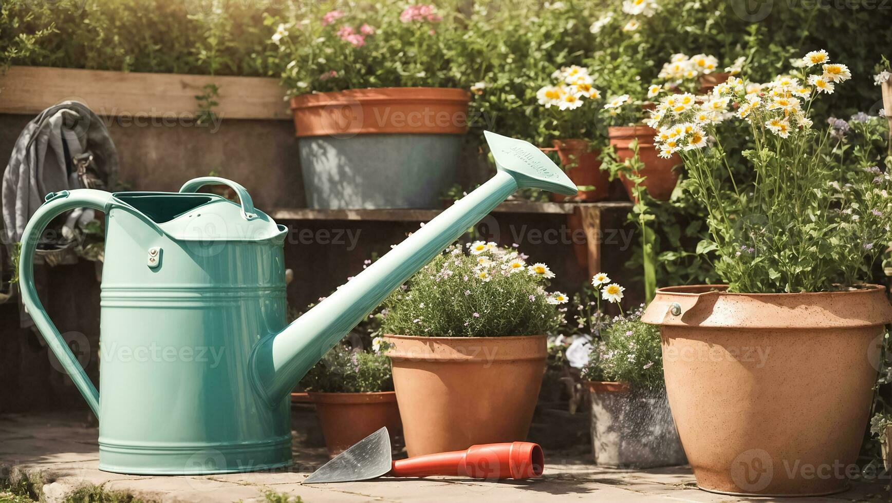 AI generated Colored watering can with flowers in the summer garden photo