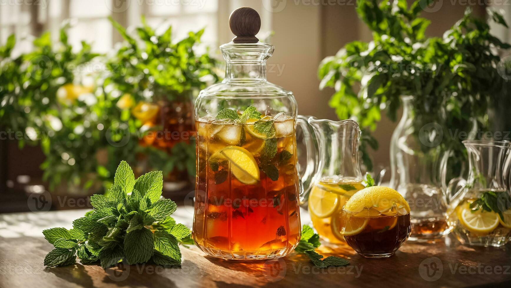 AI generated Cold tea with lemon and mint on the table in glass photo