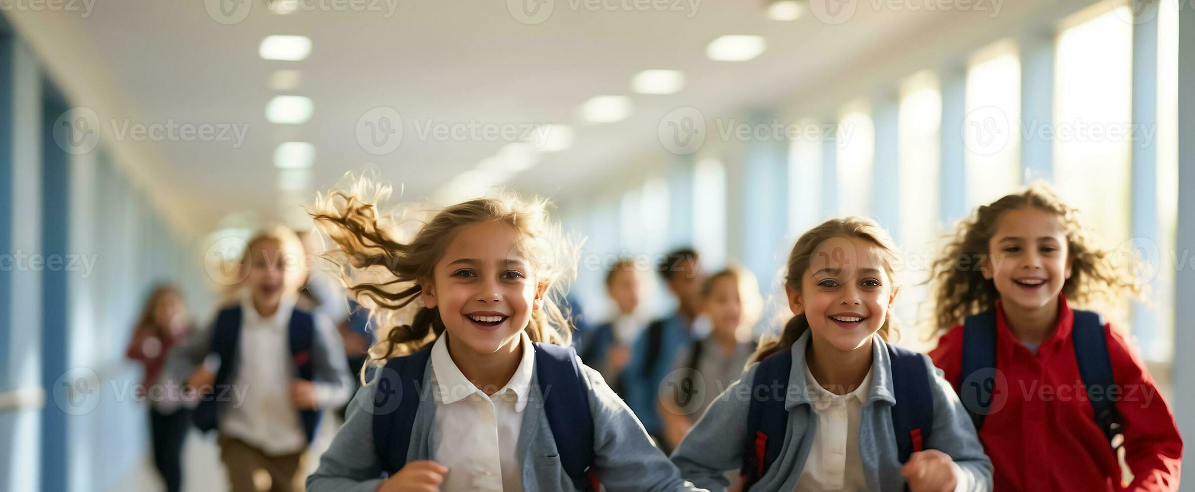 AI generated Happy schoolchildren running along the corridor photo