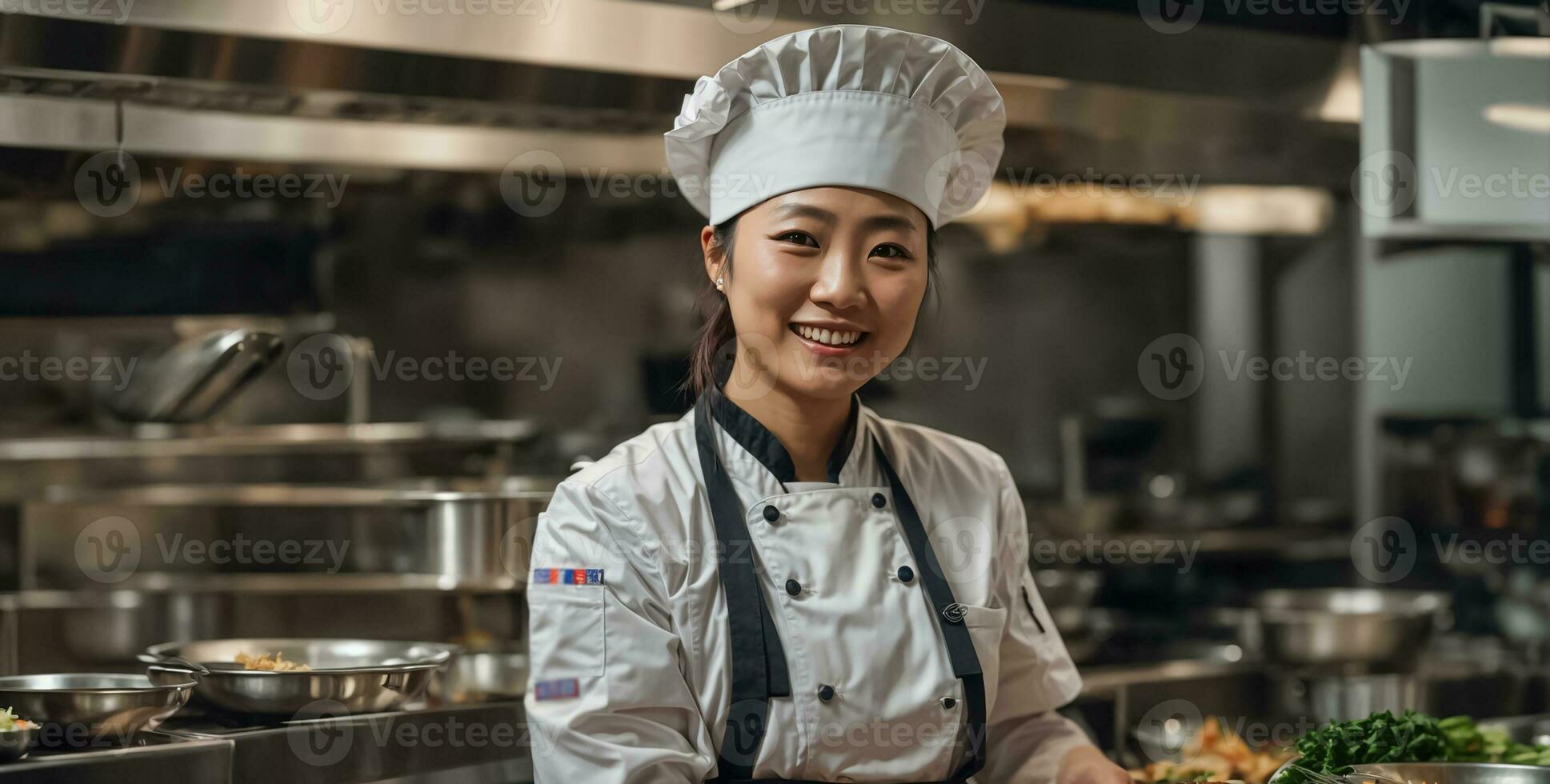 AI generated Happy asian woman cook in restaurant kitchen photo