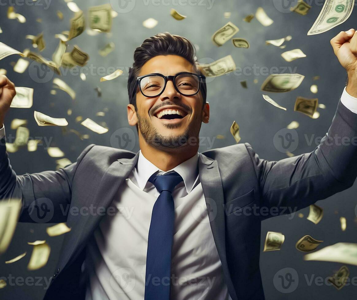 AI generated Happy man in a business suit falling dollars photo