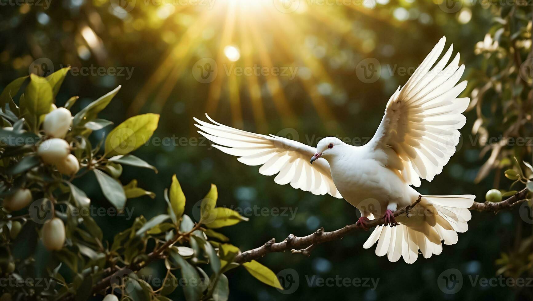 AI generated White dove on a background of a tree branch photo