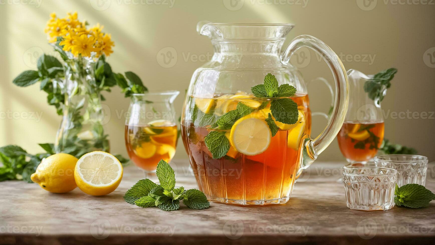 ai generado frío té con limón y menta en el mesa en vaso foto