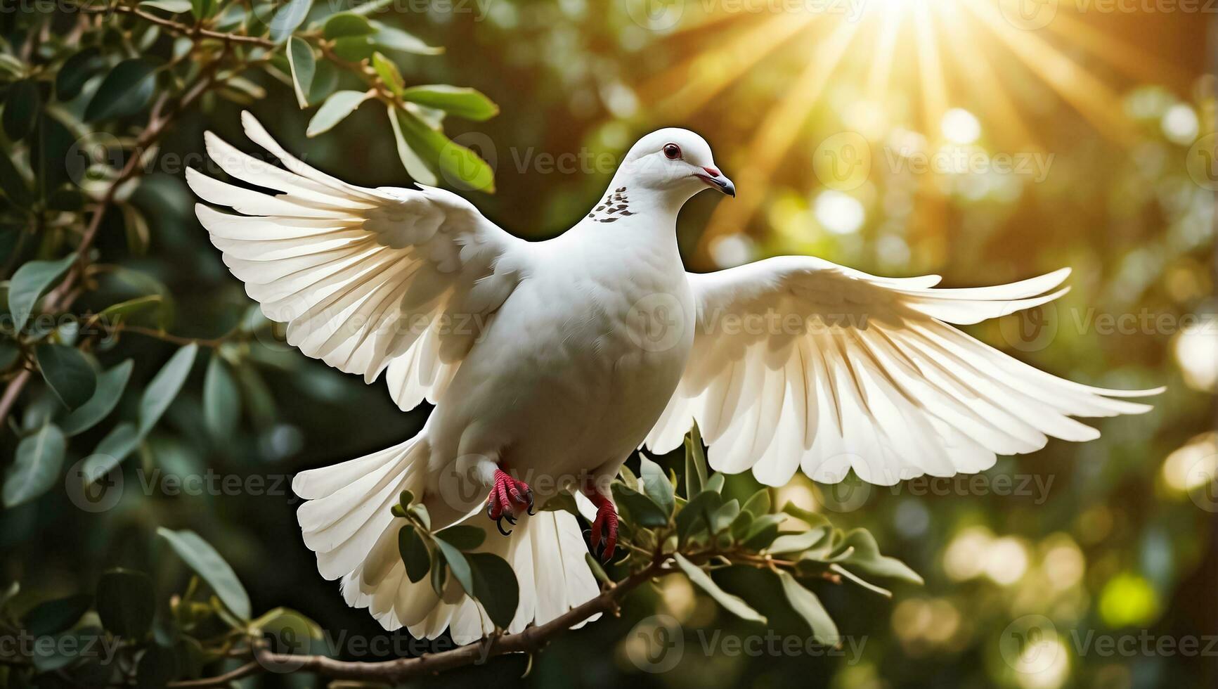 AI generated White dove on a background of a tree branch photo