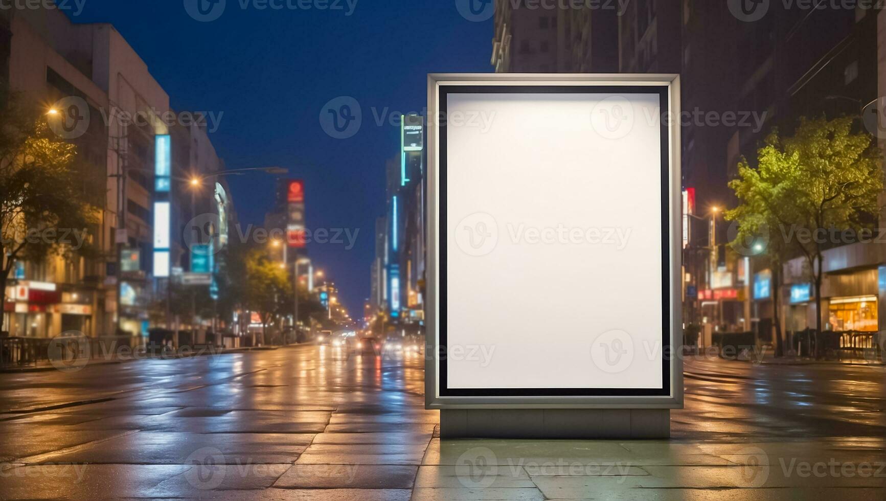 AI generated Blank advertising banner on the street at night photo