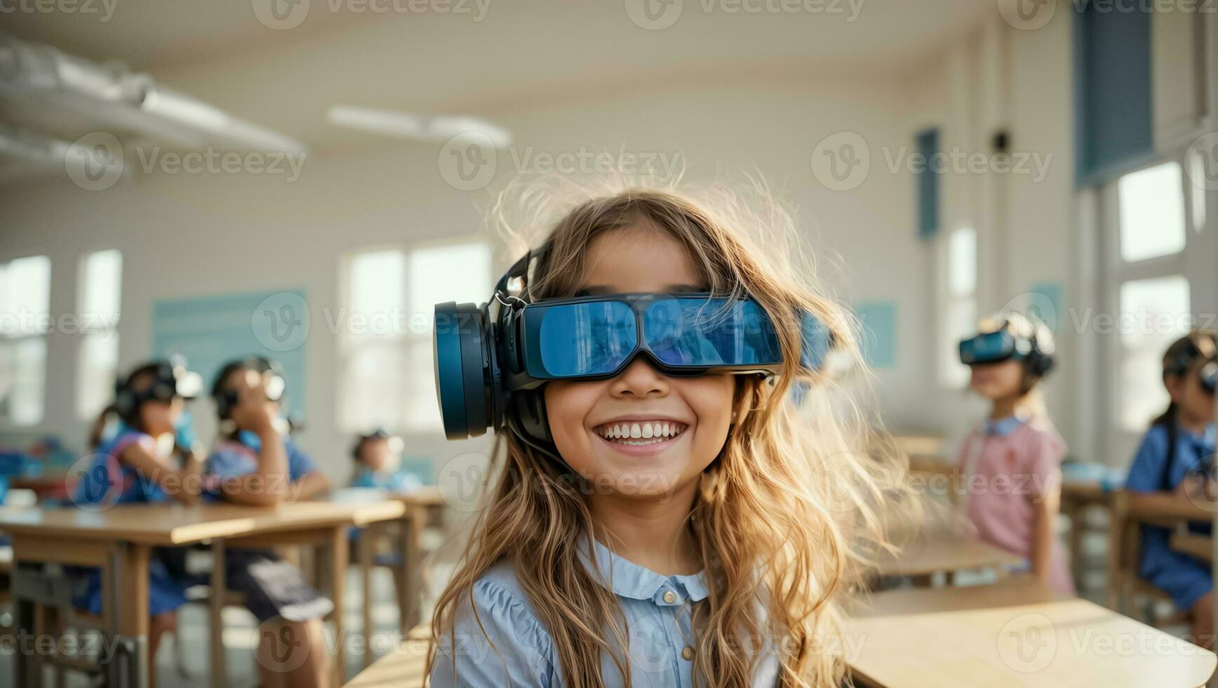 AI generated schoolgirl wearing virtual reality glasses in class photo
