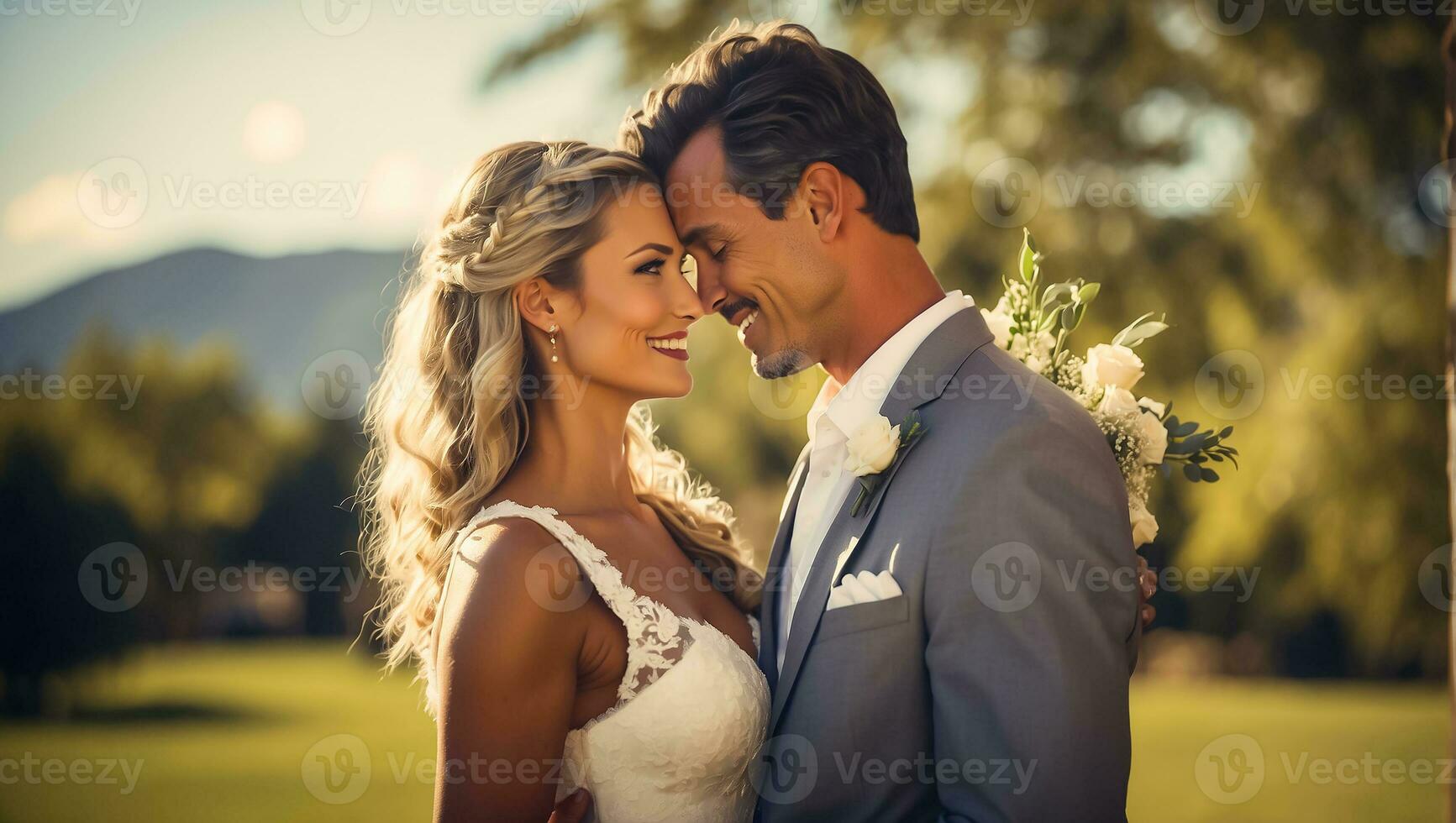 AI generated Portrait of a happy newlywed couple on the summer street photo