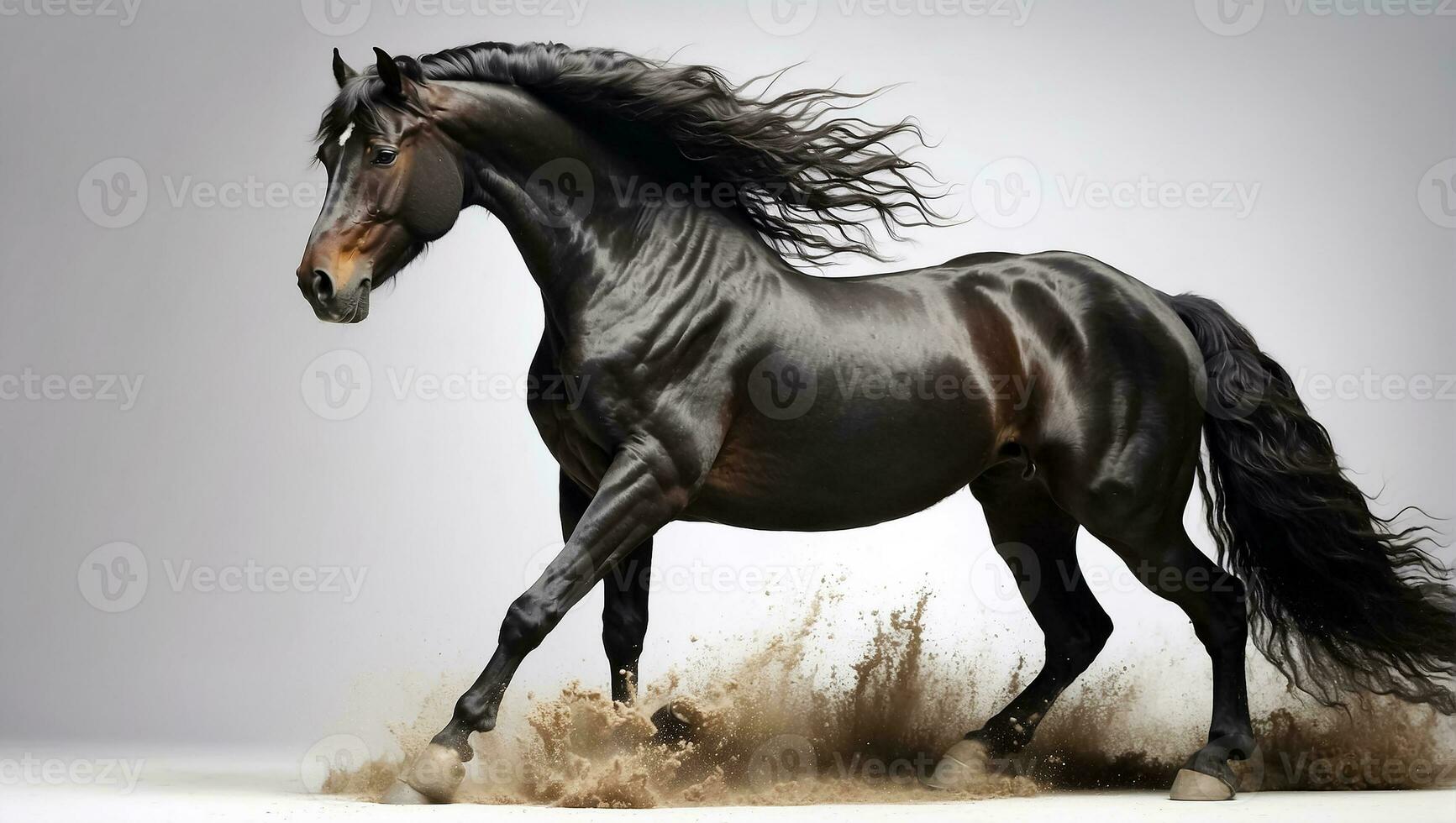 ai generado maravilloso oscuro caballo en un ligero antecedentes foto