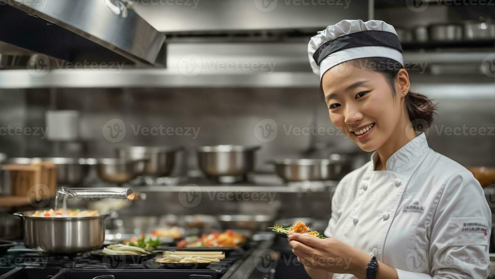 ai generado contento asiático mujer cocinar en restaurante cocina foto