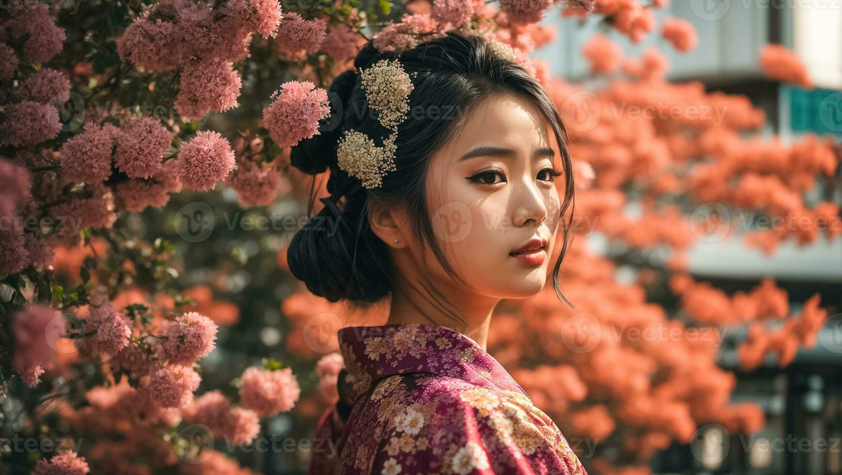 AI generated Portrait of a beautiful Japanese girl, flower photo