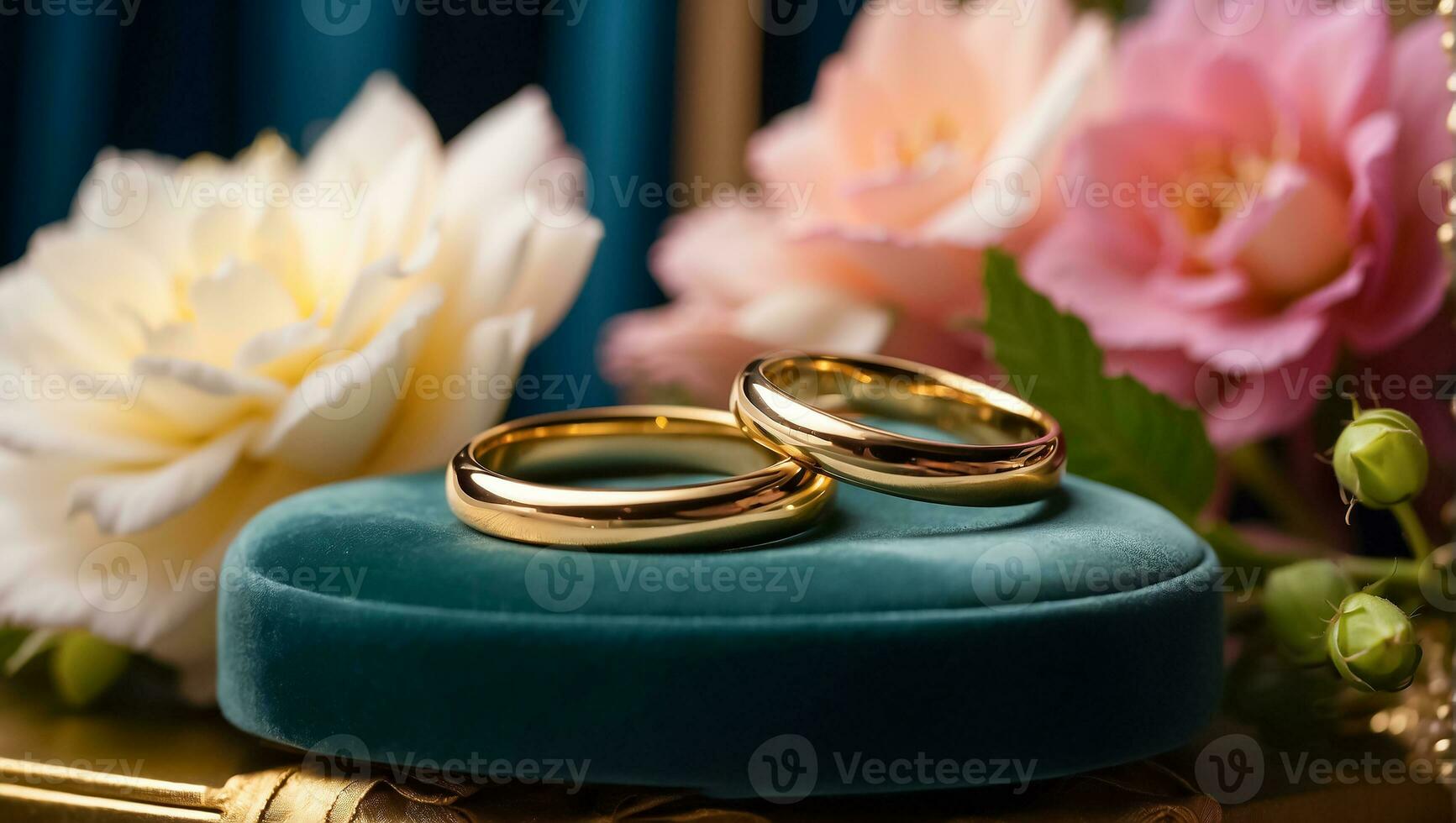 AI generated gold ring on a background of beautiful flowers anniversary photo