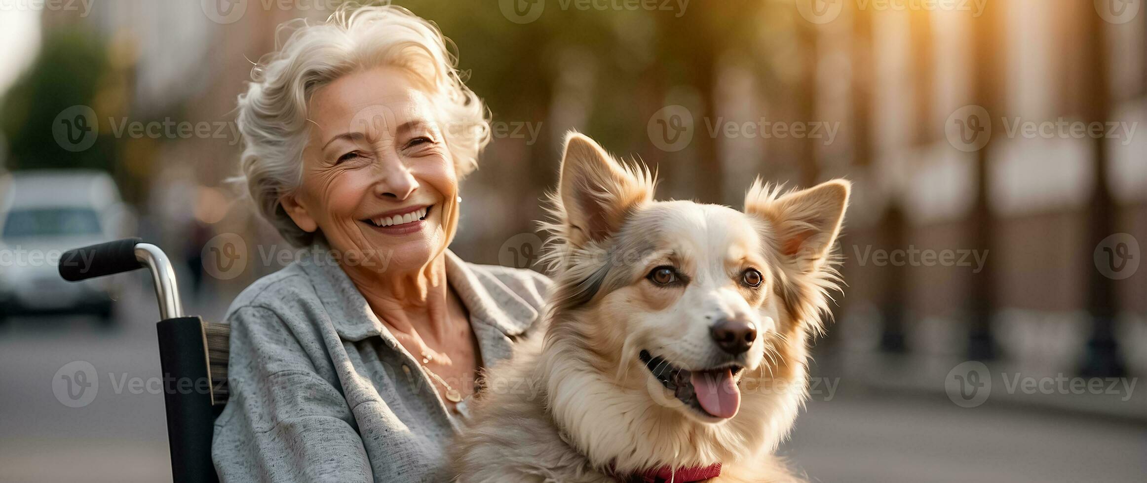 AI generated Elderly woman in a wheelchair with a dog outside in the park photo