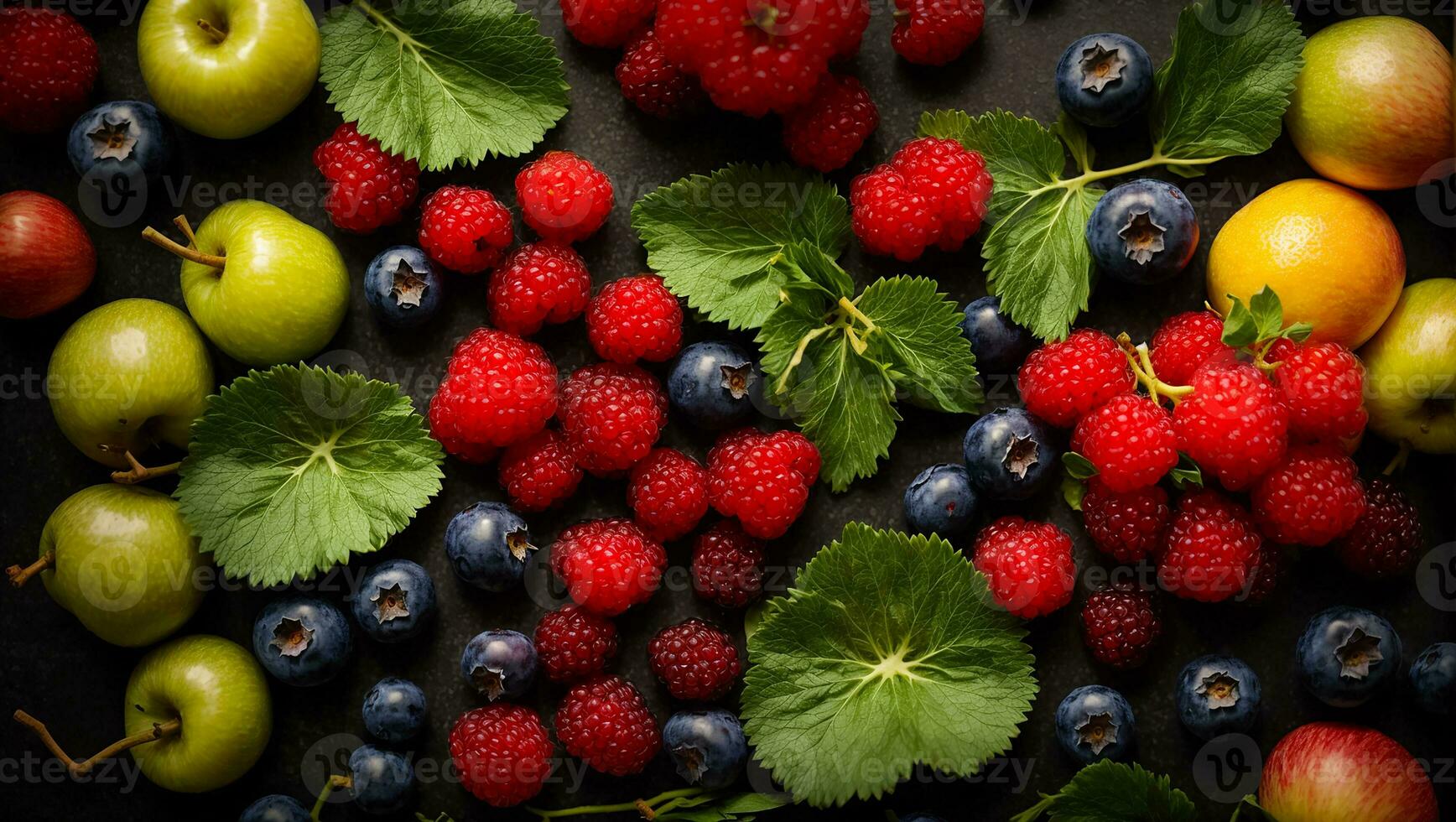 AI generated various fruits and berries on a dark background photo