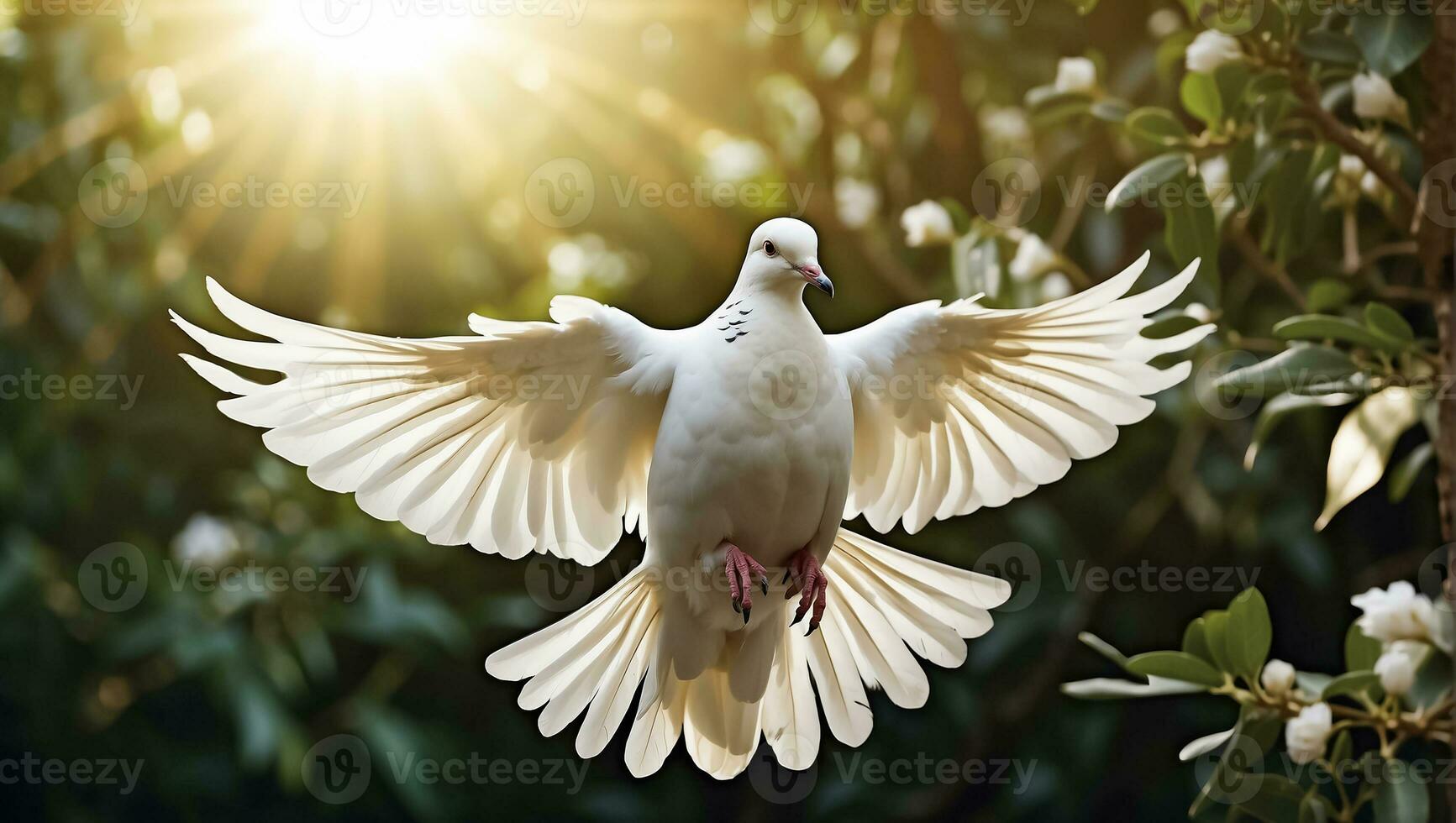 AI generated White dove on a background of a tree branch photo