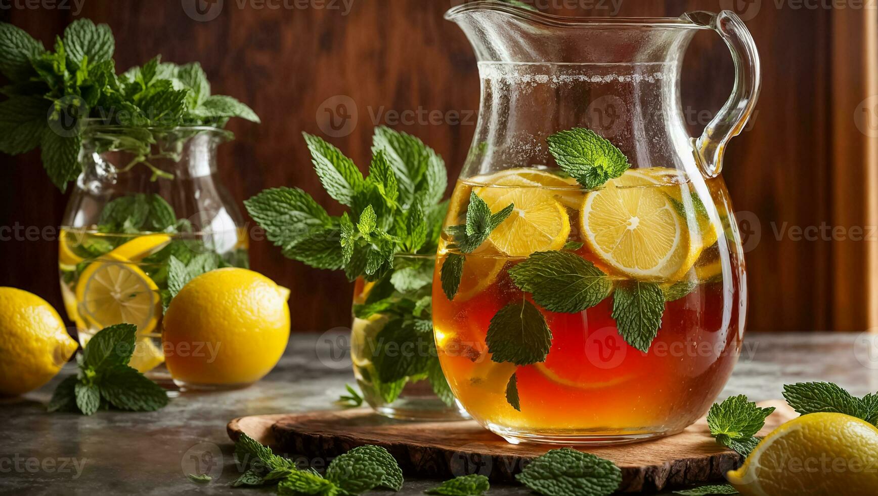 AI generated Cold tea with lemon and mint on the table in glass photo