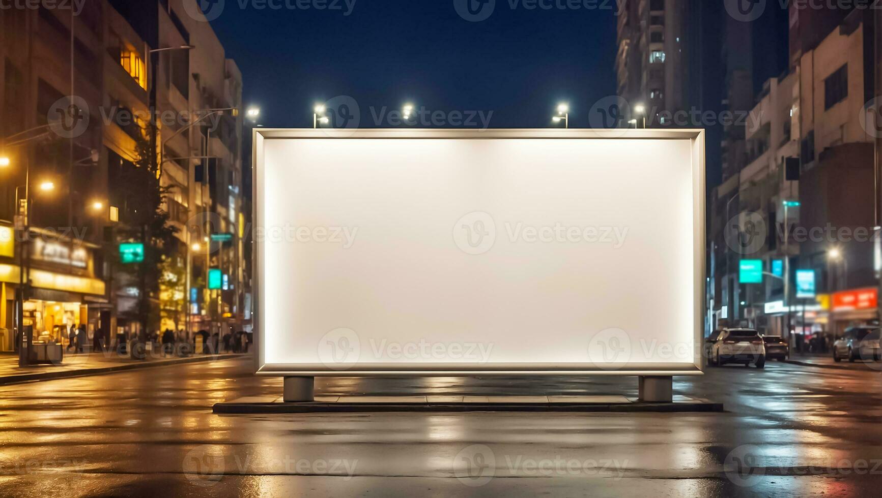ai generado blanco publicidad bandera en el calle a noche foto