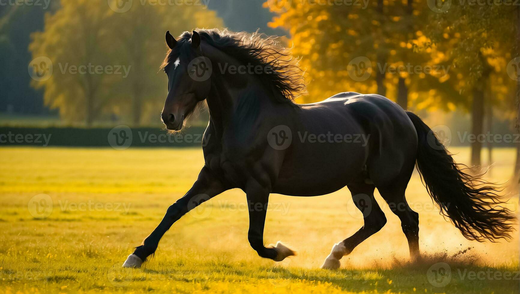 AI generated Beautiful dark horse runs in nature photo