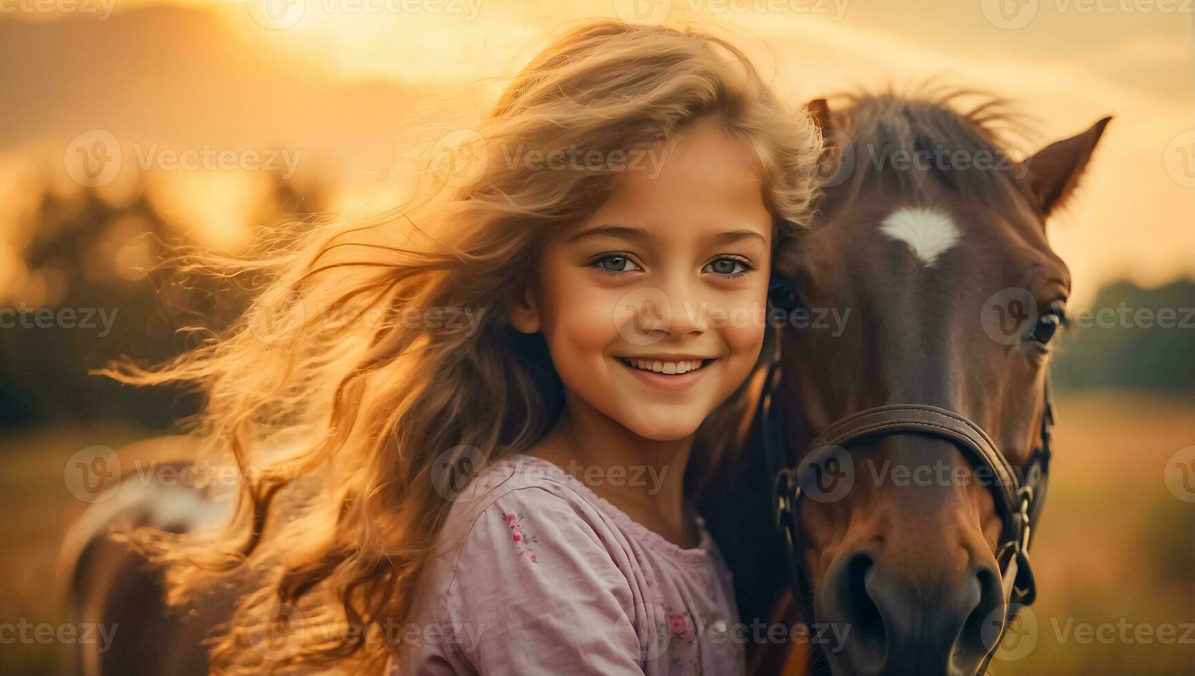 AI generated Portrait of a little girl with a horse in nature photo