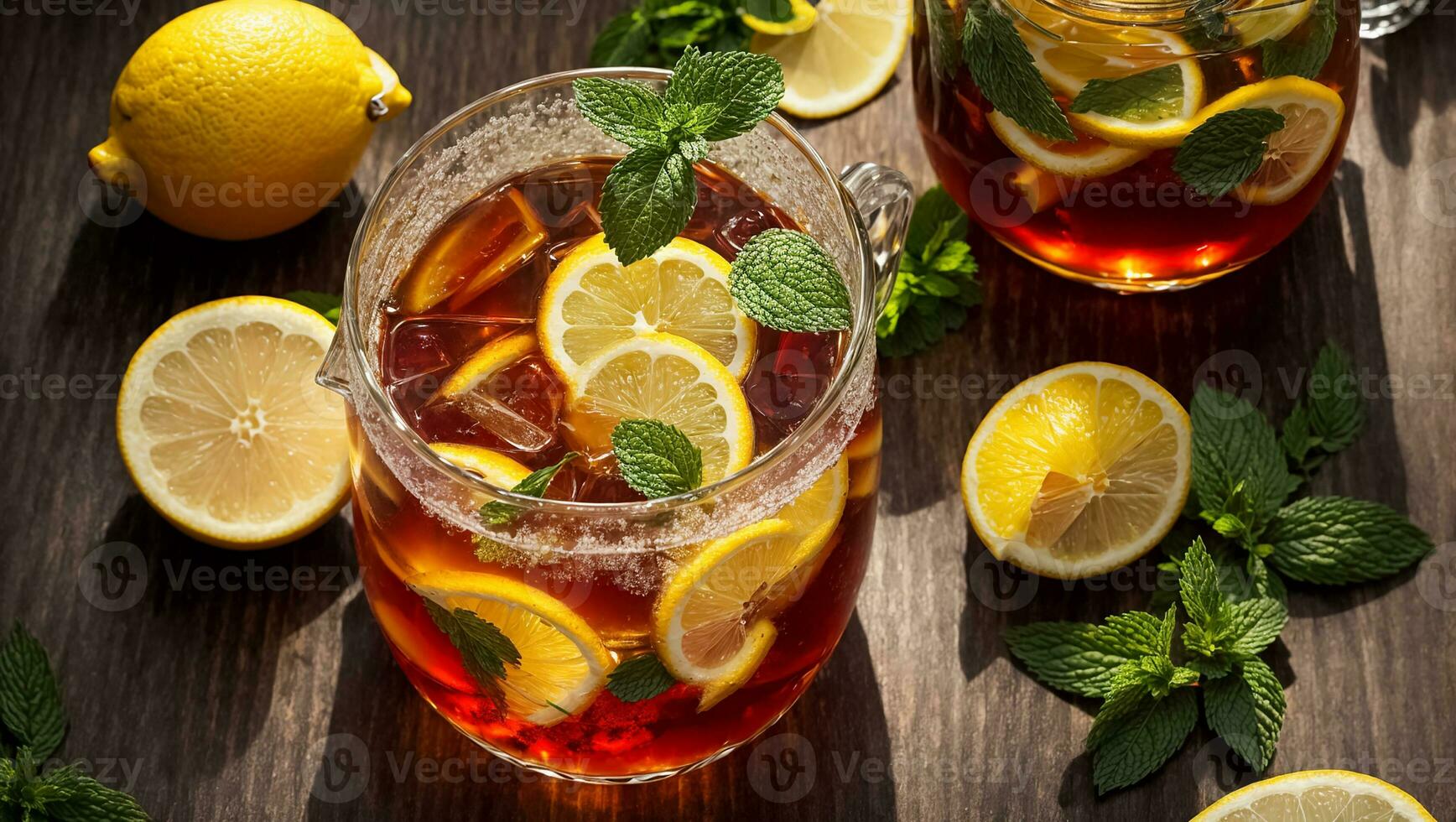 AI generated Cold tea with lemon and mint on the table in glass photo