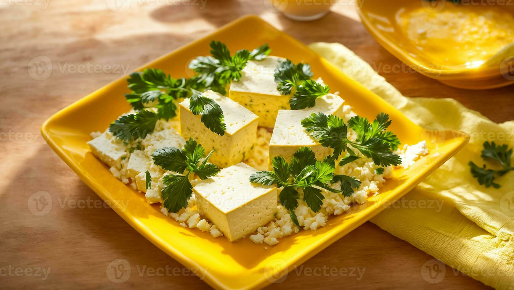 AI generated Fresh tofu cheese with parsley in the kitchen photo