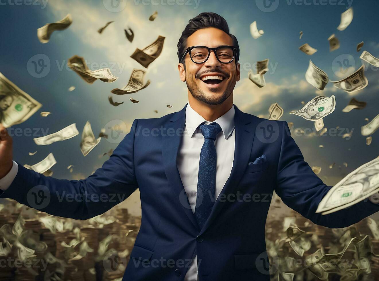 ai generado contento hombre en un negocio traje que cae dolares foto