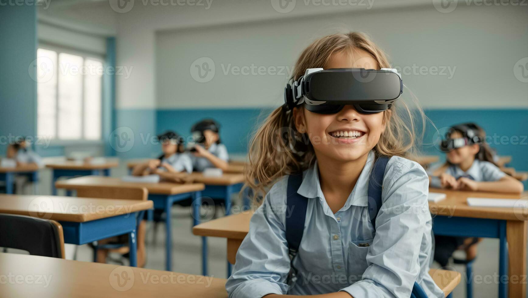AI generated schoolgirl wearing virtual reality glasses in class photo