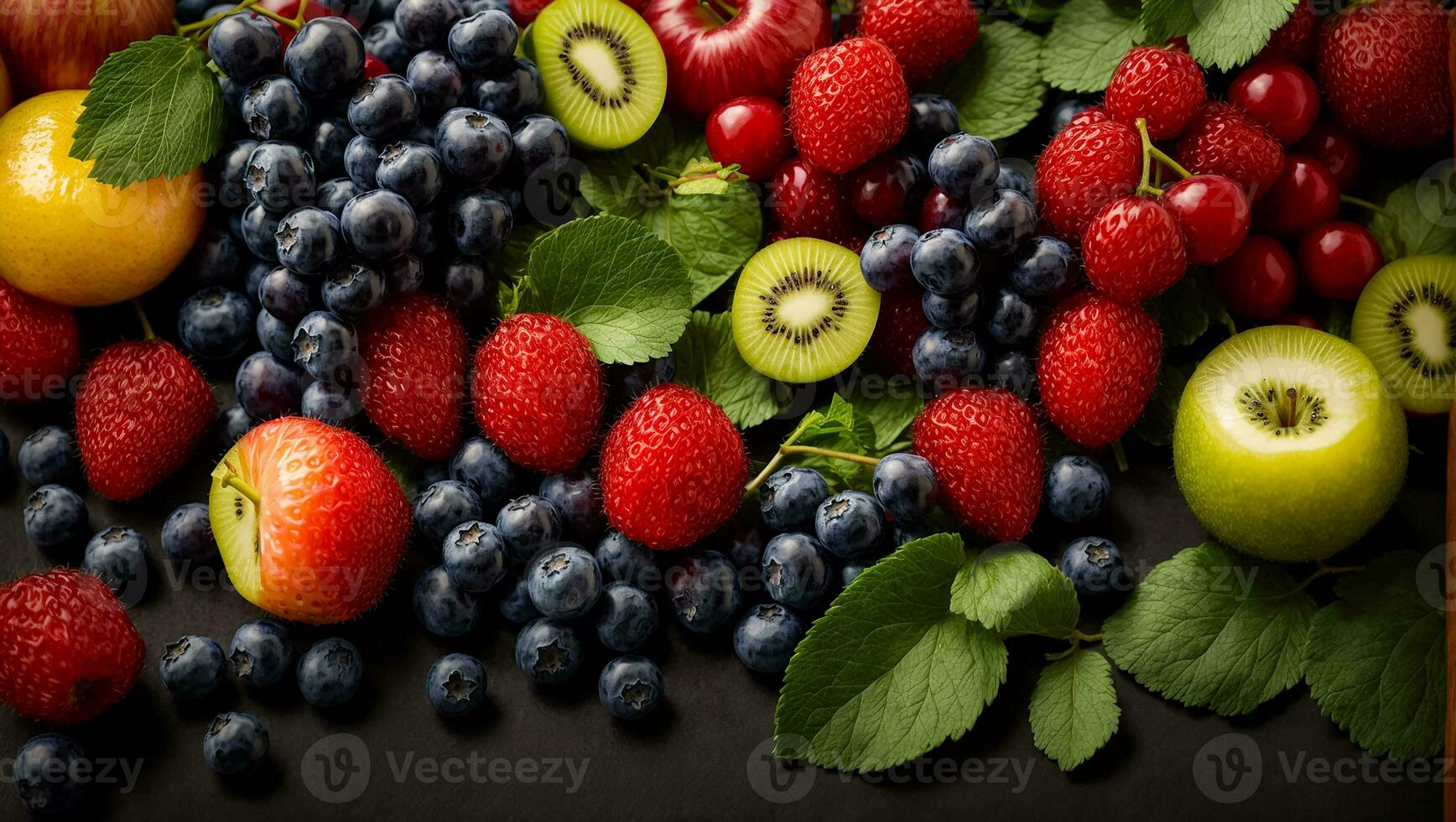 AI generated various fruits and berries on a dark background photo