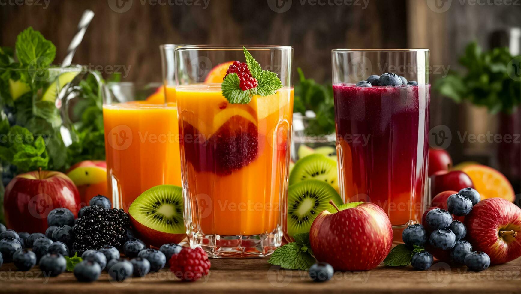 AI generated Fresh juice from various fruits and berries photo