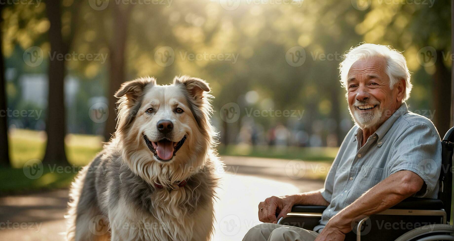 AI generated Elderly man in a wheelchair with a dog on the street photo