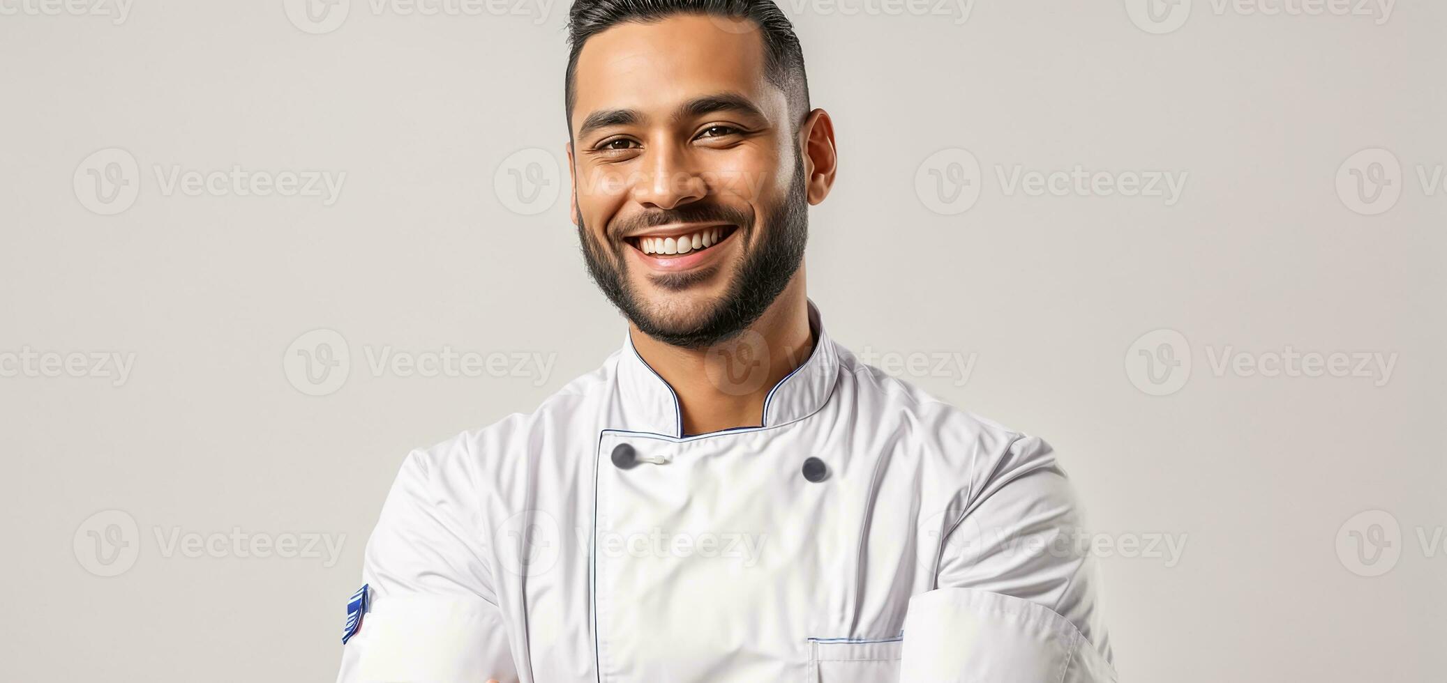 ai generado retrato de un masculino cocinero en un ligero antecedentes foto