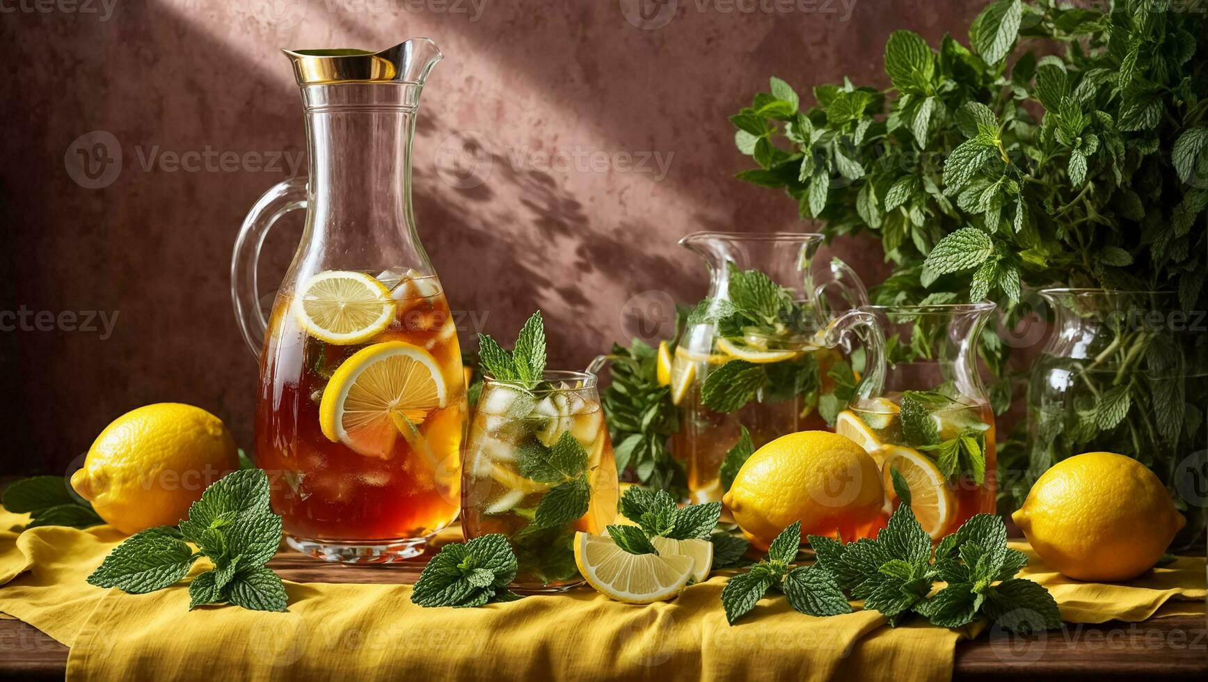 AI generated Cold tea with lemon and mint on the table in glass photo